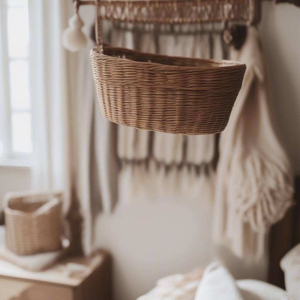 Small wicker hanging baskets in a bedroom