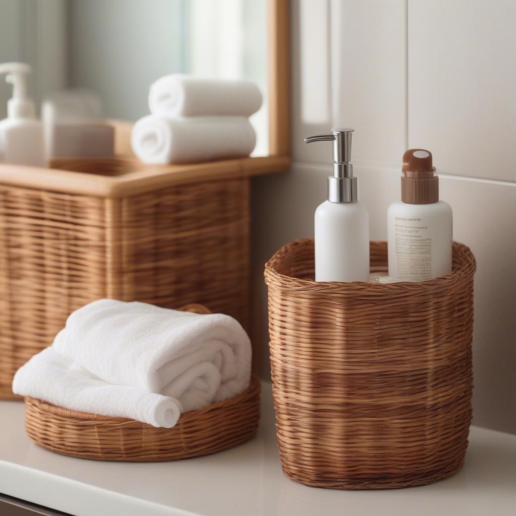 Small wicker rattan storage baskets in a bathroom setting