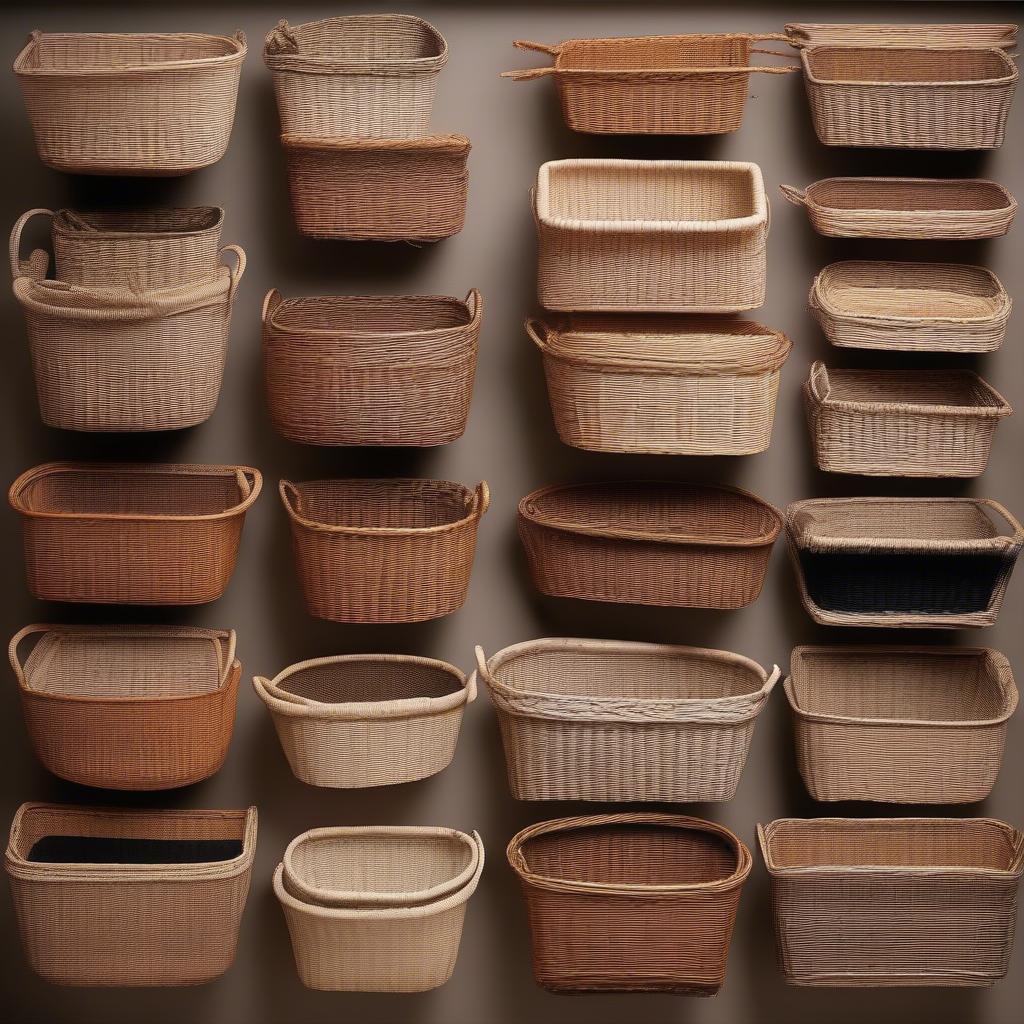 Variety of small wicker storage baskets showcasing different shapes, sizes, and weaving patterns.