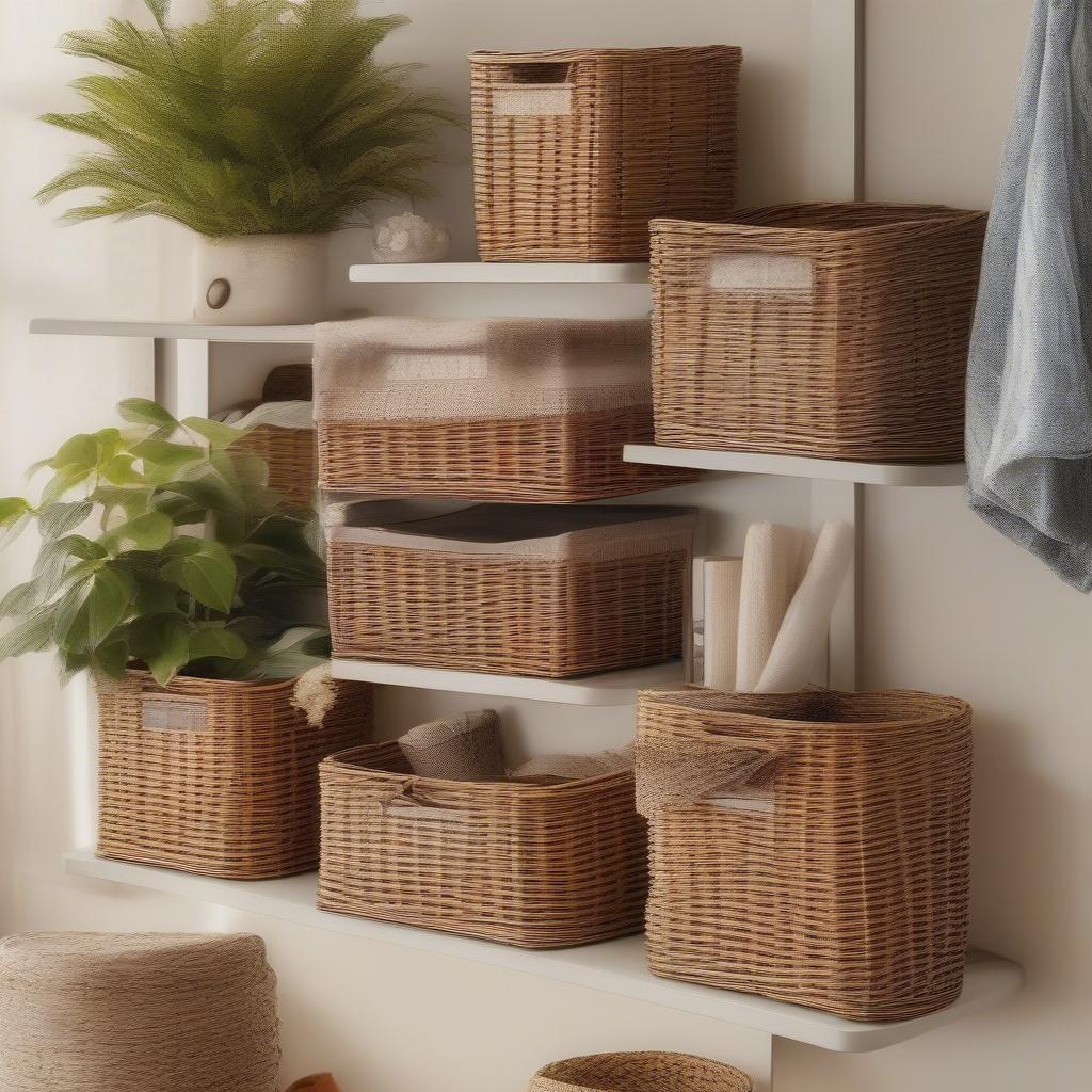 Various small wicker storage bins displayed on shelves, showcasing different shapes, sizes, and weaving patterns.