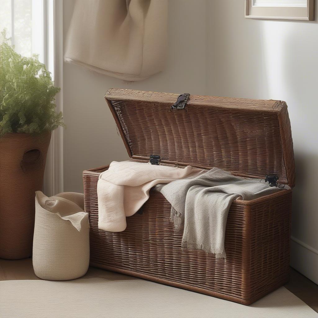 Small wicker storage chest in a living room setting