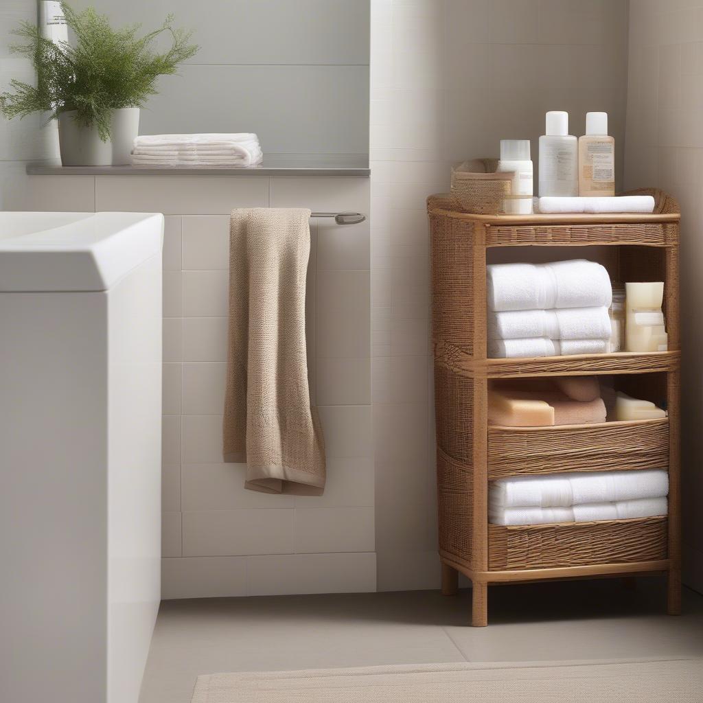 Small wicker storage drawers in a bathroom setting