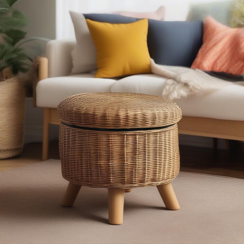 Small wicker storage ottoman in a living room setting