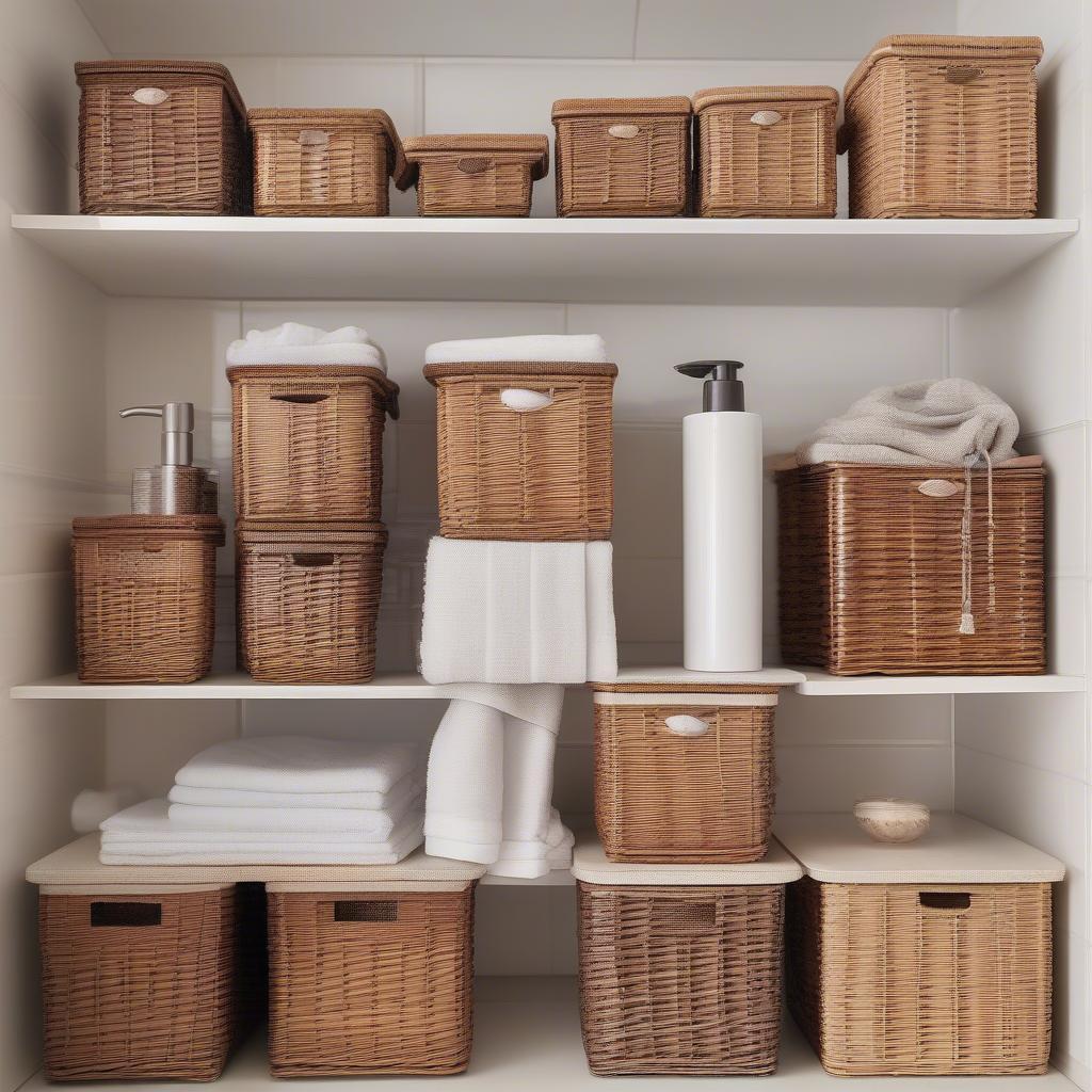 Small wicker storage tower baskets used in different rooms of a house, showcasing their versatility and how they can be integrated into various settings for practical and stylish organization.