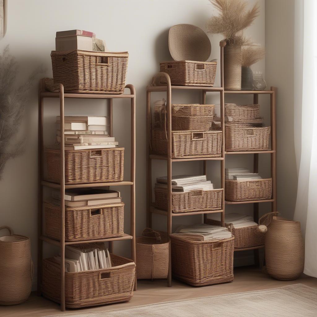 Small wicker storage tower baskets add a touch of rustic charm to a living room setting, providing stylish organization for books, magazines, and other items.