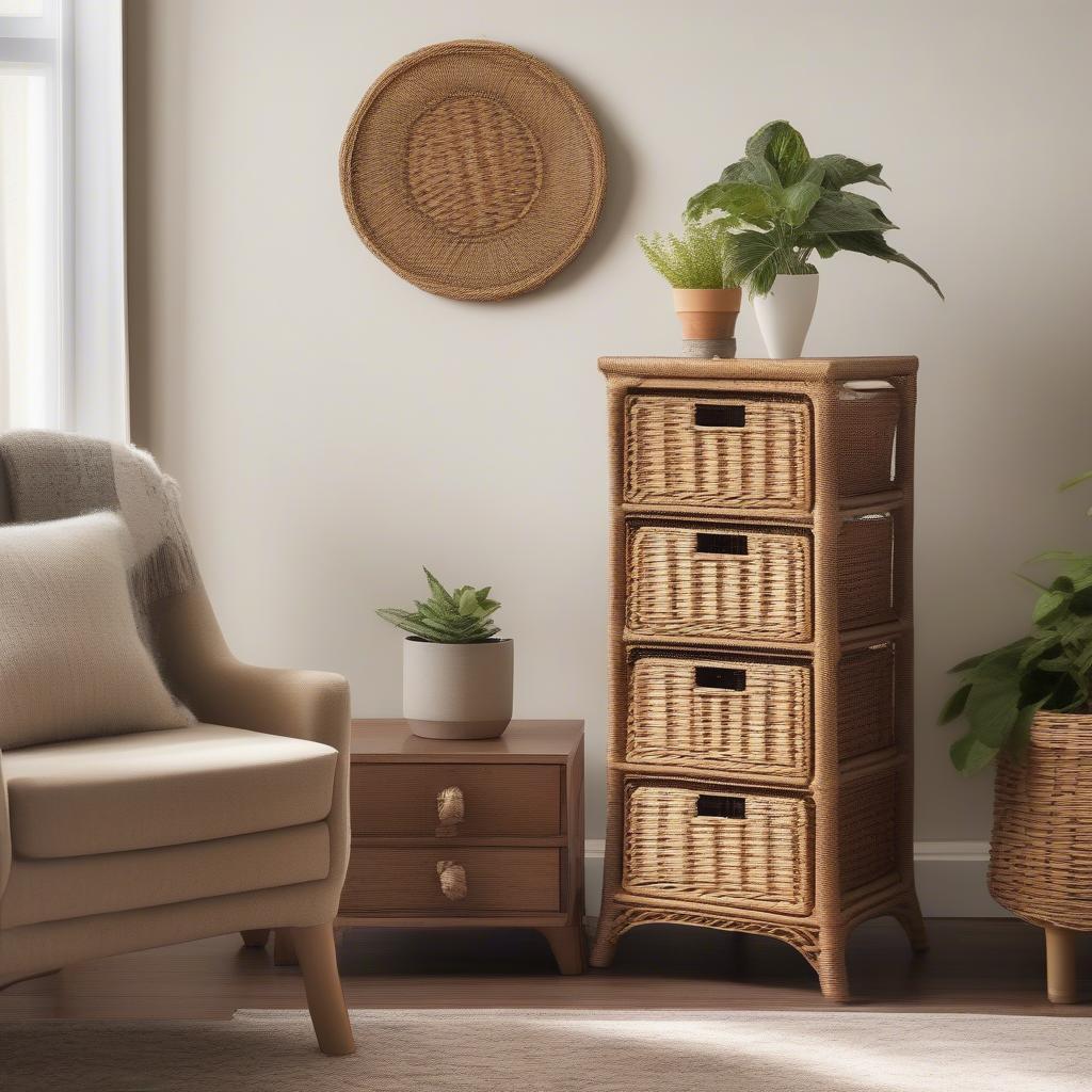 Small wicker storage tower with drawers in a living room setting