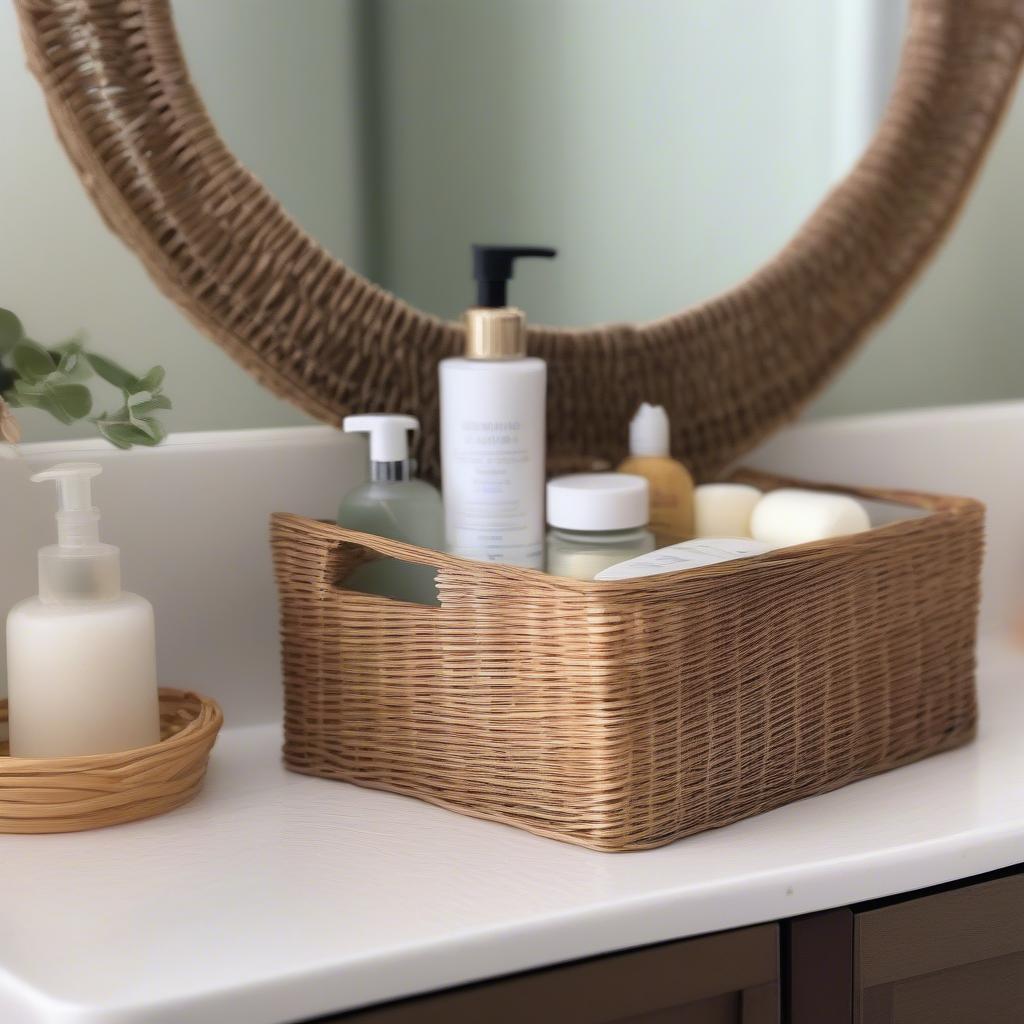 Small wicker tray basket used for bathroom storage