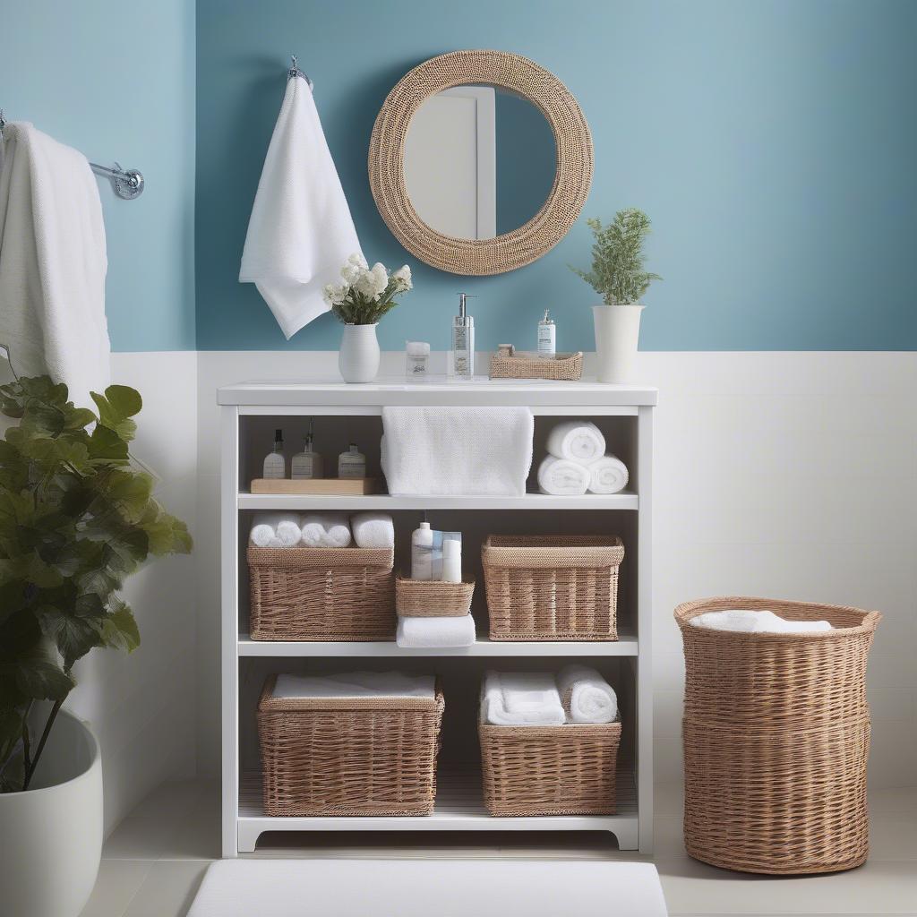 Small wooden storage unit with wicker baskets in a bathroom setting