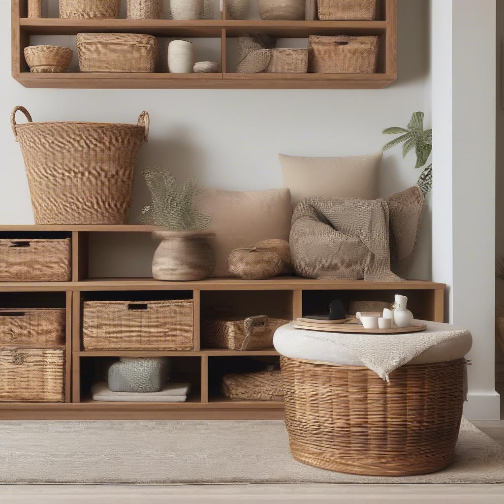 Soft wicker baskets used for storage in a living room