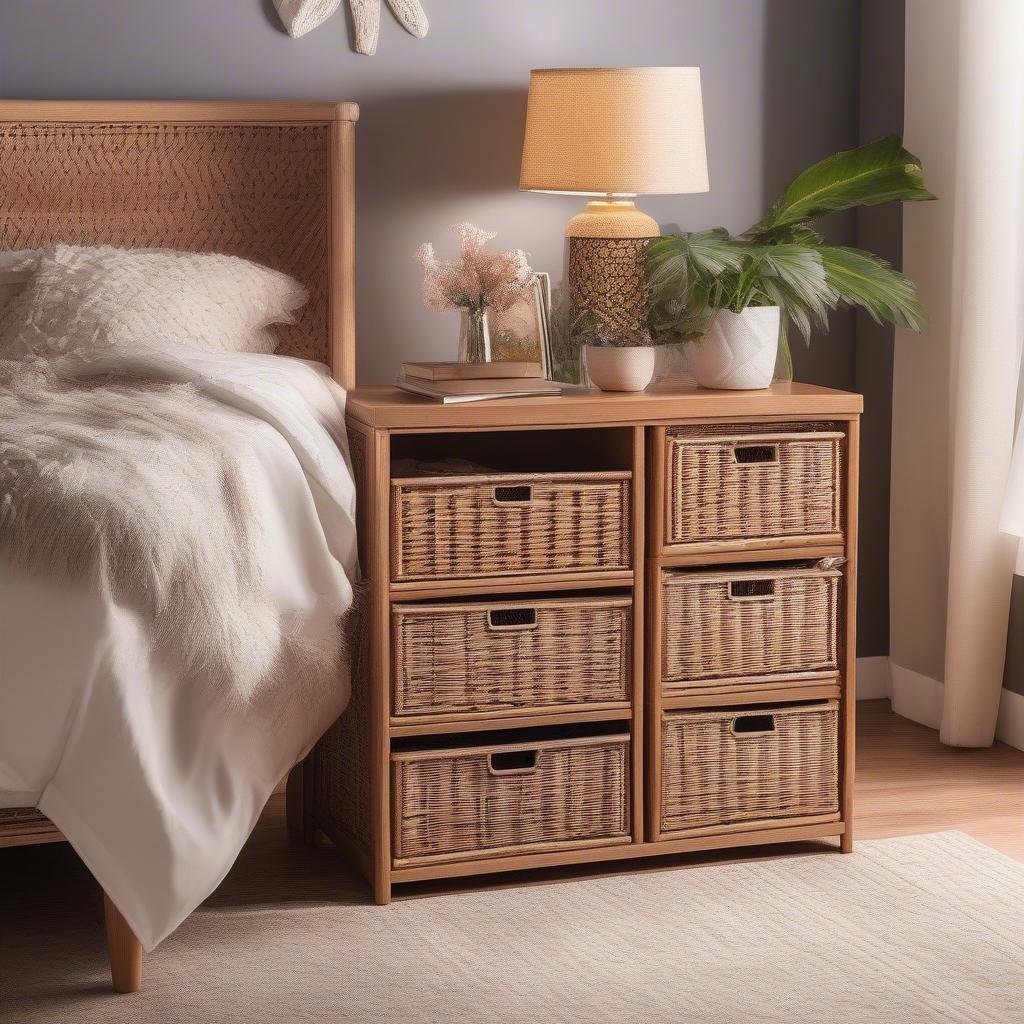 Southern Enterprises 6 Drawer Wicker Storage Unit in a Bedroom Setting