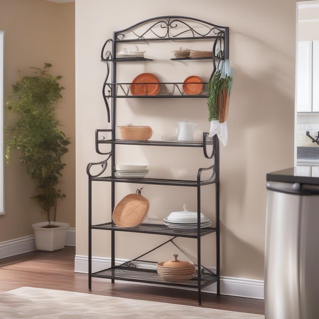 Southern Enterprises Iron Bakers Rack in a modern kitchen setting.