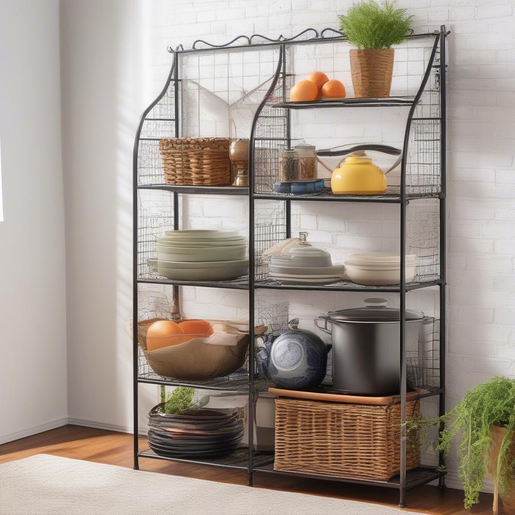 Southern Enterprises Iron Bakers Rack with Wicker Storage in a kitchen setting