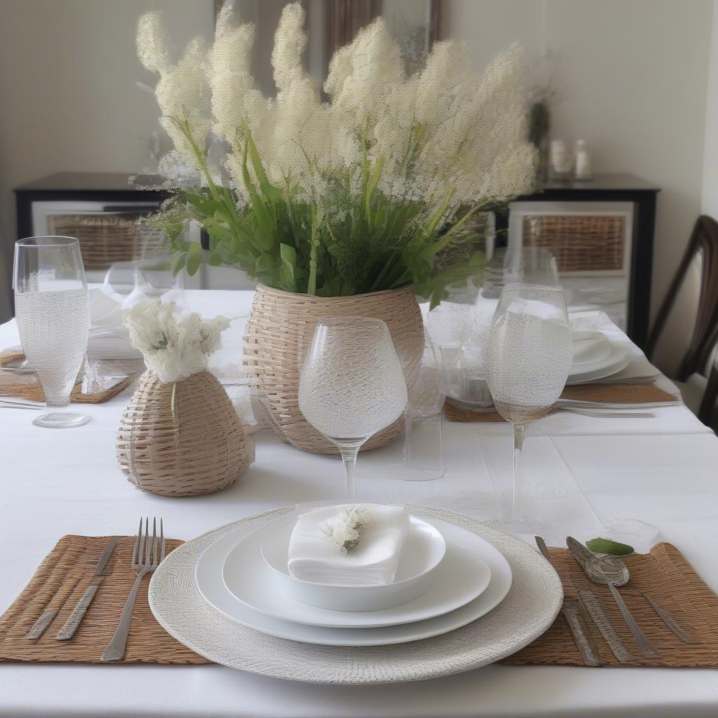 A complete table setting featuring spizy wicker placemats, showcasing how they can be styled with different tableware and decor for various occasions.