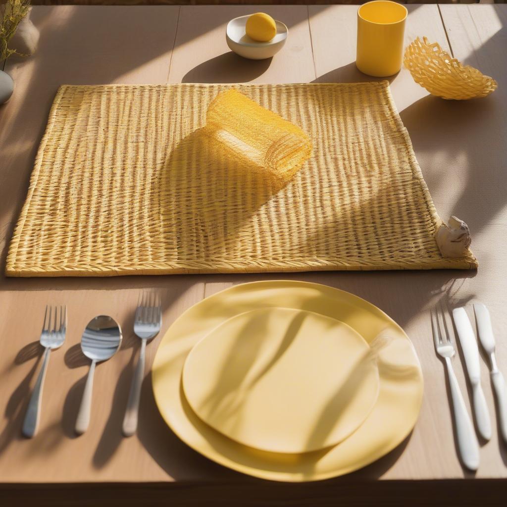 Yellow Spizy Wicker Placemat on a Dining Table