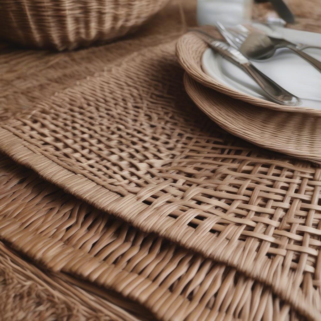 Spizy wicker placemats on a dining table, showcasing their natural texture and intricate weave, adding a touch of rustic elegance to the setting.