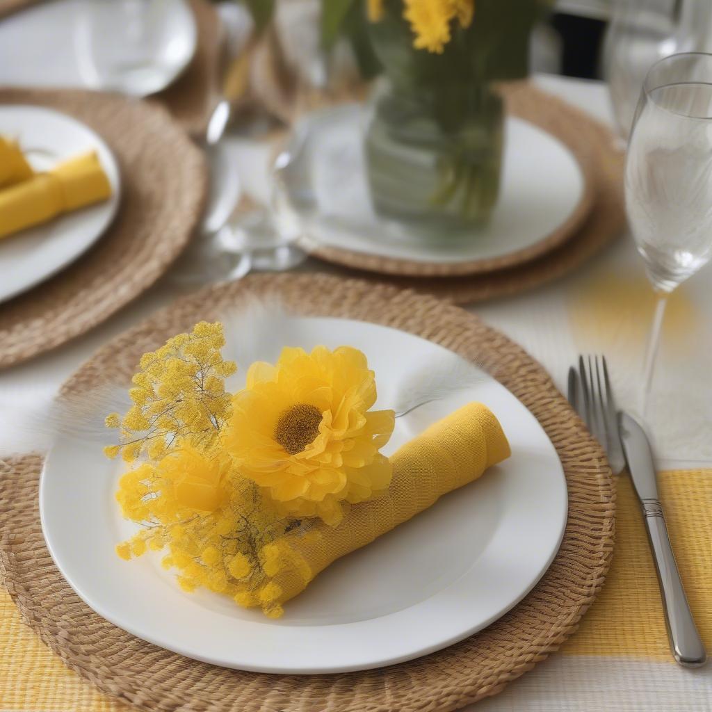 Spizy wicker yellow placemats brighten a dining table setting with natural charm and a cheerful pop of color.