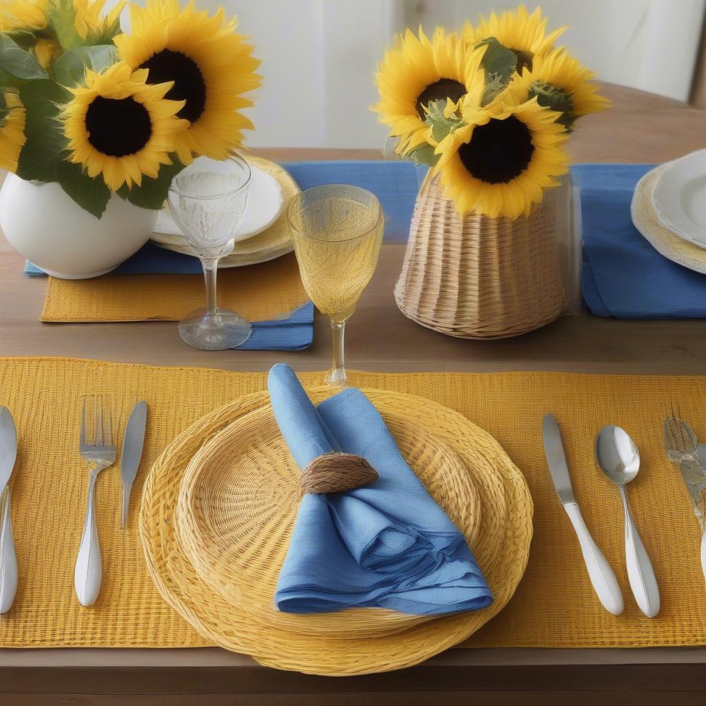 Spizy wicker yellow placemats create a vibrant and inviting table setting with white plates and blue napkins.