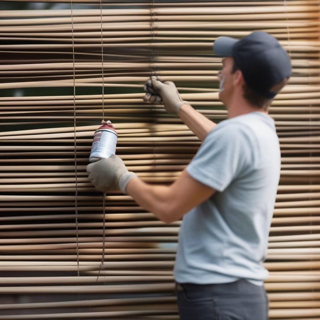 Spray Painting Wicker Blinds on a Patio