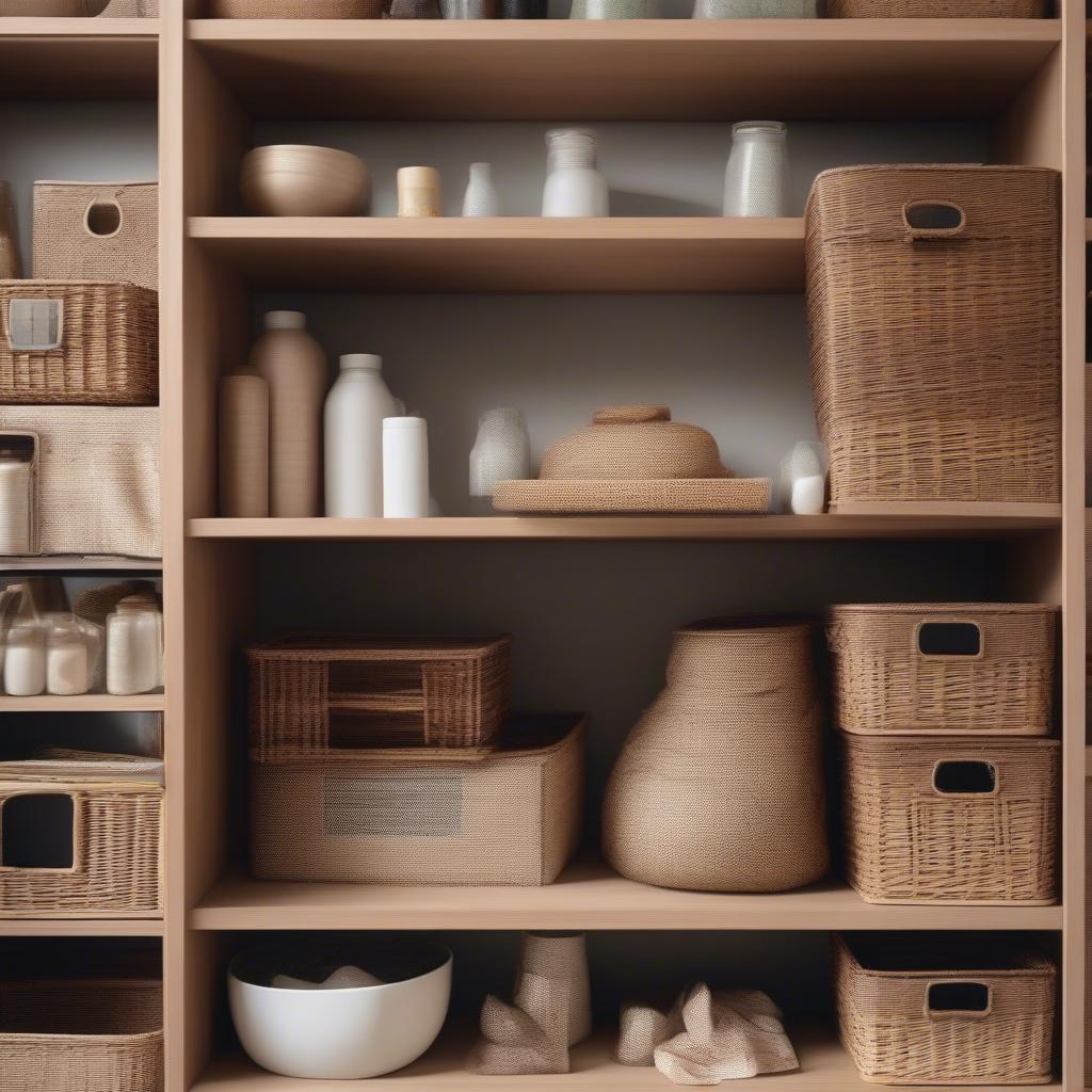 Square wicker baskets used for shelf organization