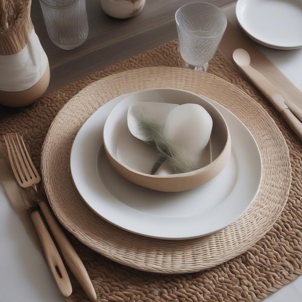 Square wicker placemats enhance a dining setting