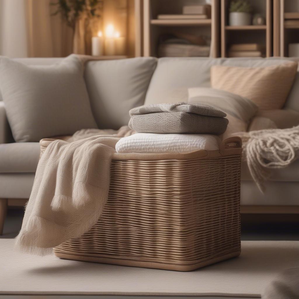 Square wicker storage basket in a living room setting, showcasing its decorative and organizational uses.