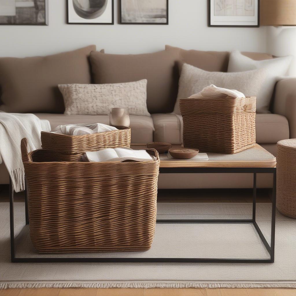 Square wicker storage baskets in a living room setting