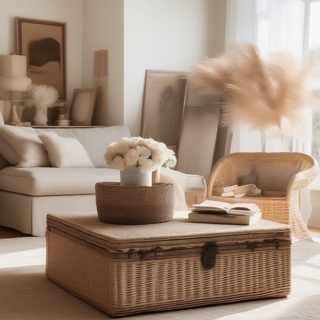 Square wicker storage trunk in a living room setting