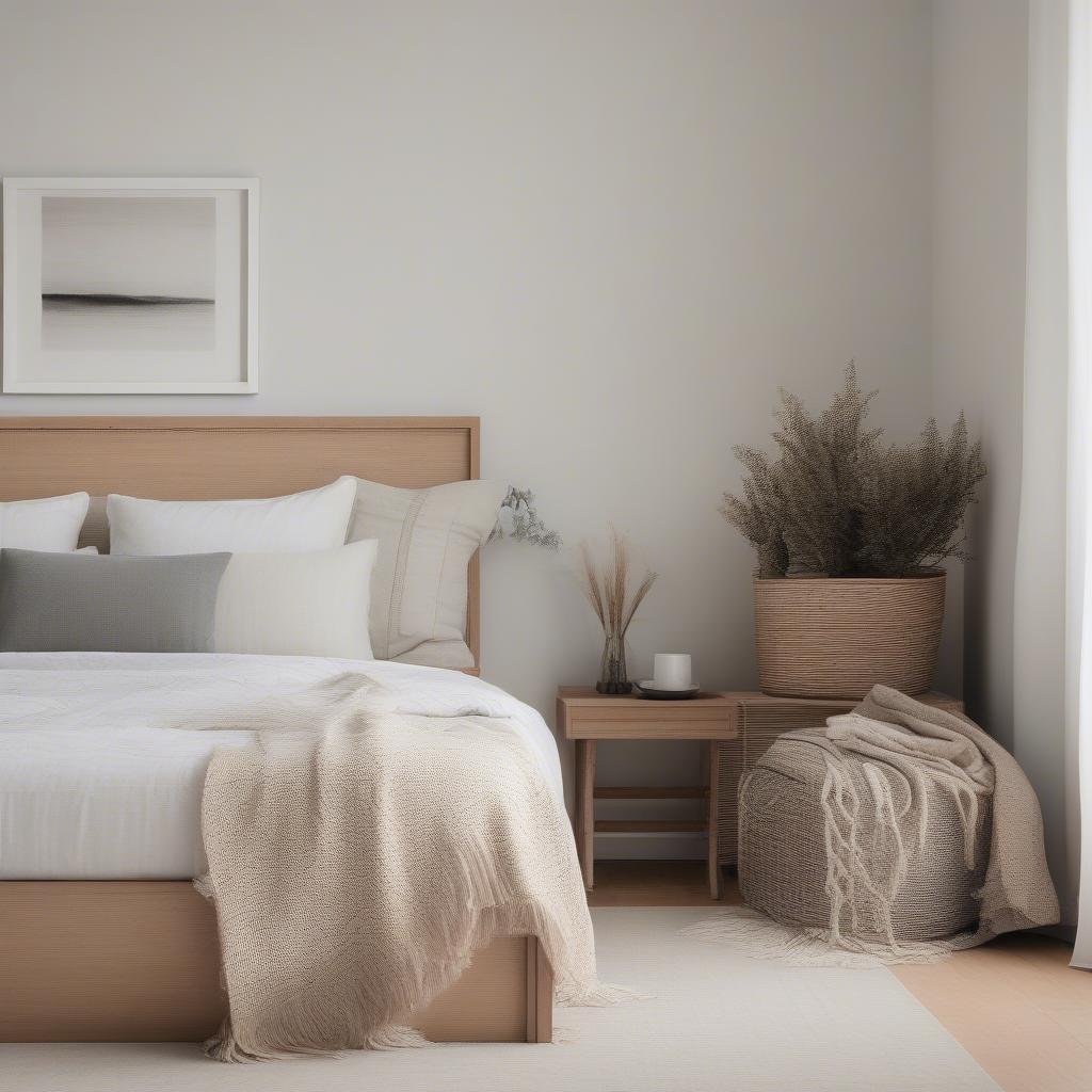 Square wicker trunk used for bedroom storage at the foot of a bed