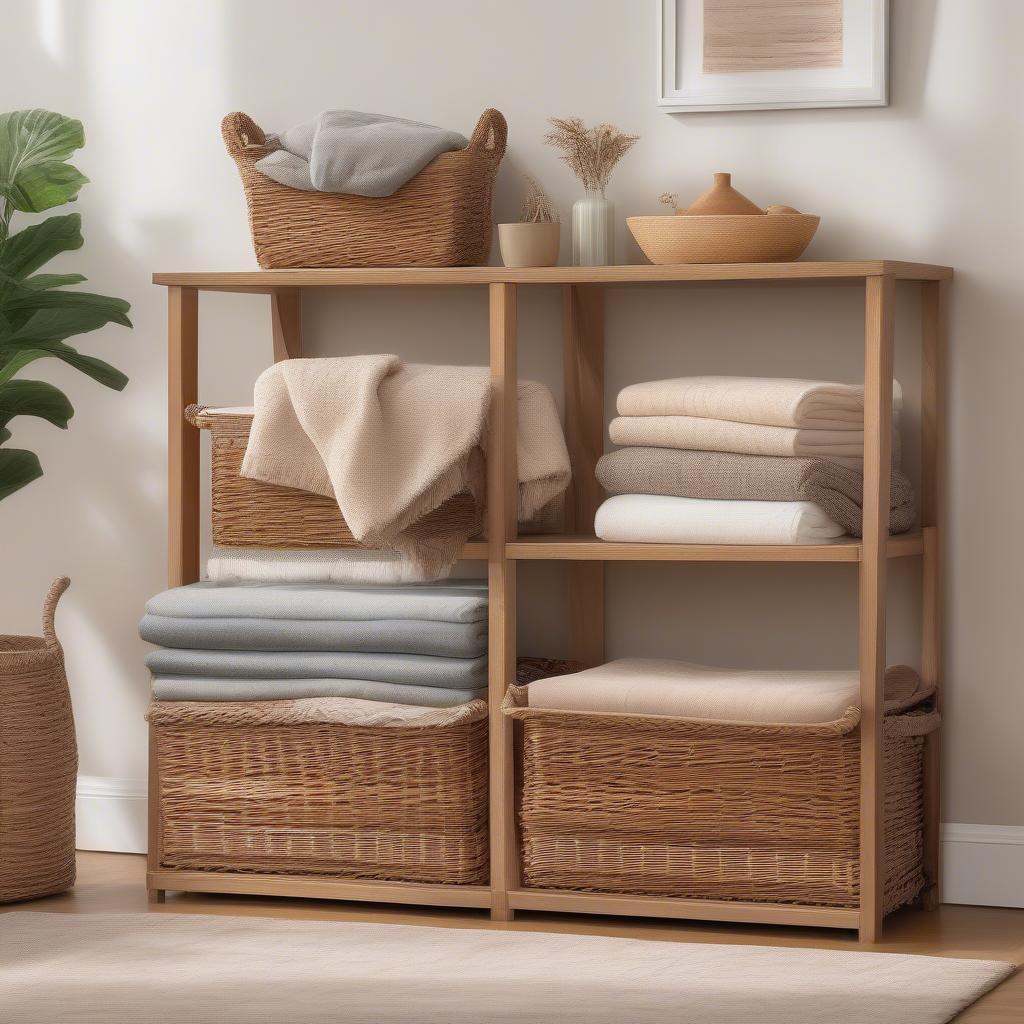 Stackable 5 Shelf Wicker Basket Storage Unit in a Living Room