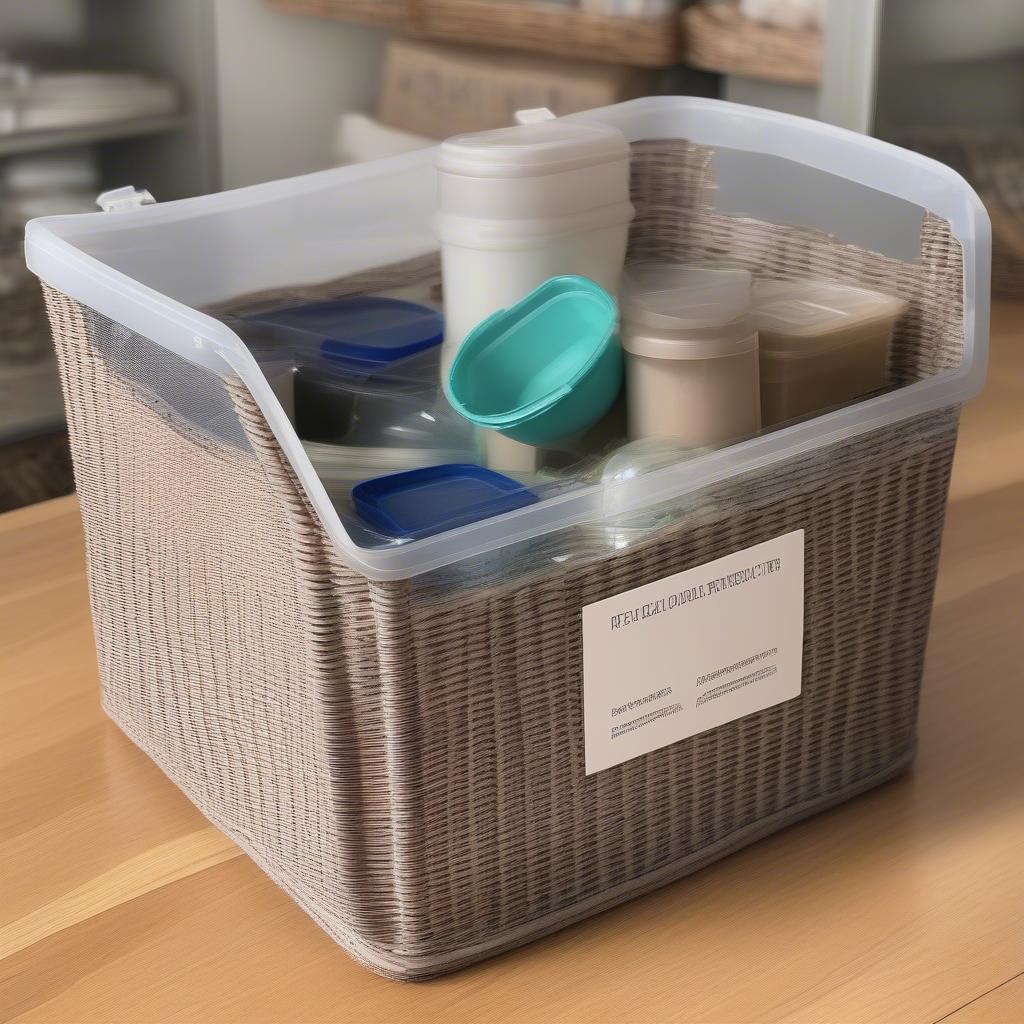 Stackable clear containers inside a resin wicker storage tote