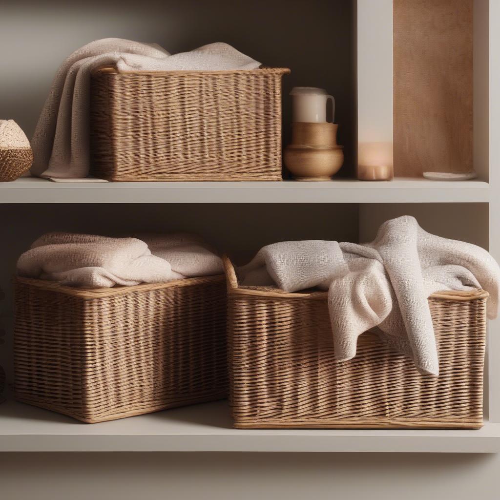 Stackable wicker baskets used to organize blankets and throws in a living room setting.