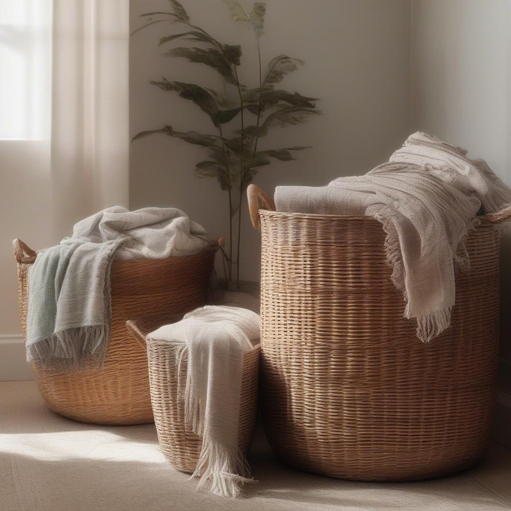 Stackable wicker baskets in a living room setting