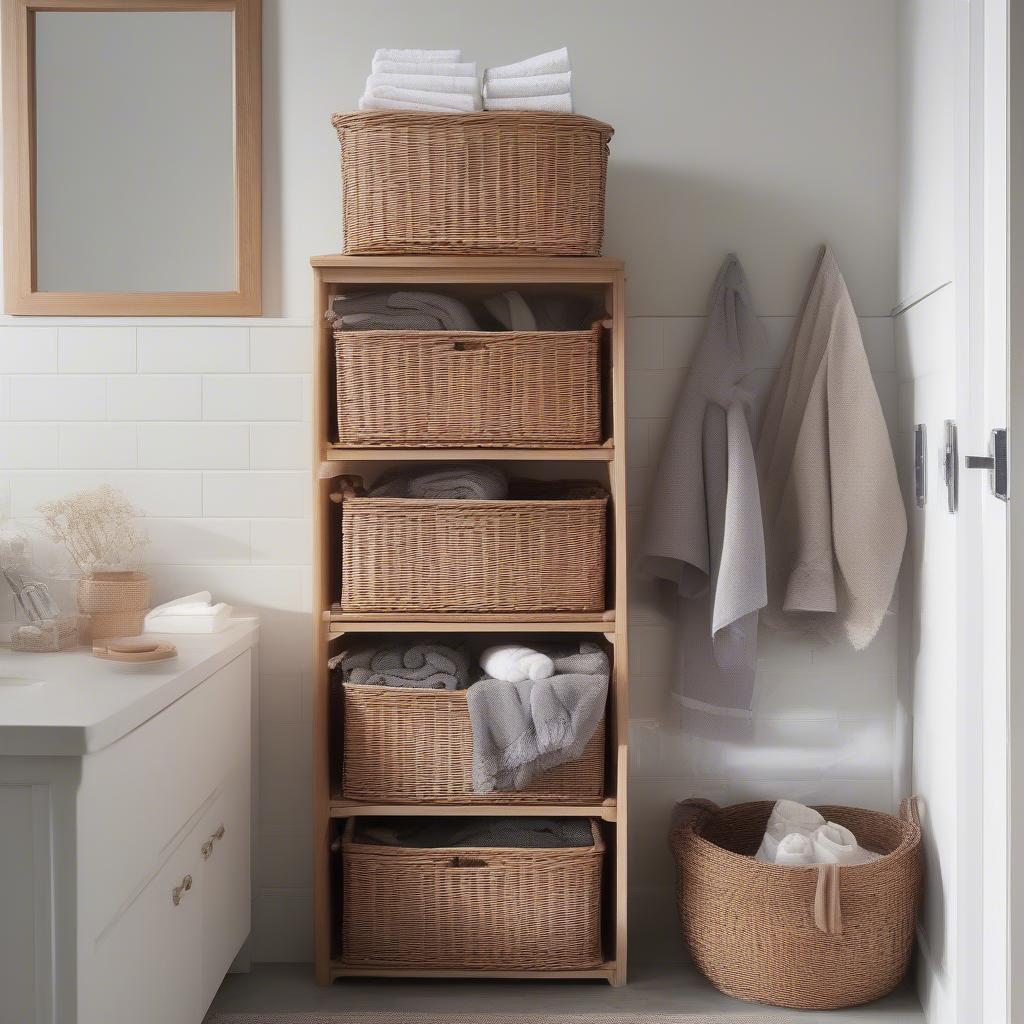 Stackable wicker baskets used in different rooms of a house.