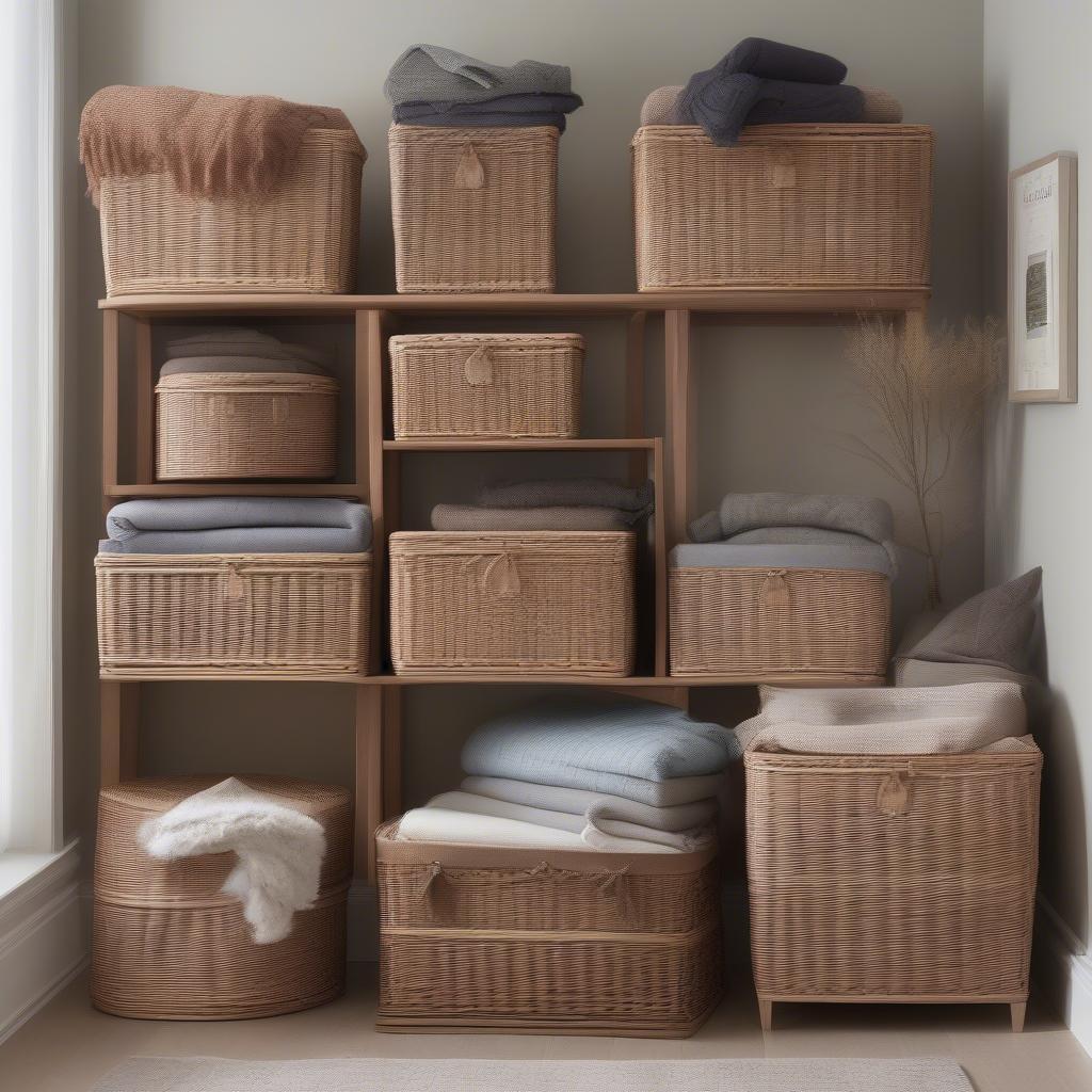 Stackable wicker baskets with lids in a living room setting