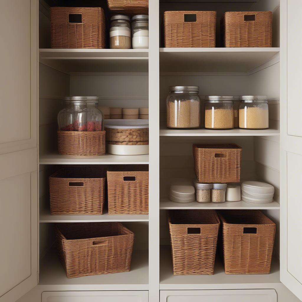 Stackable wicker baskets with lids neatly organized in a pantry.