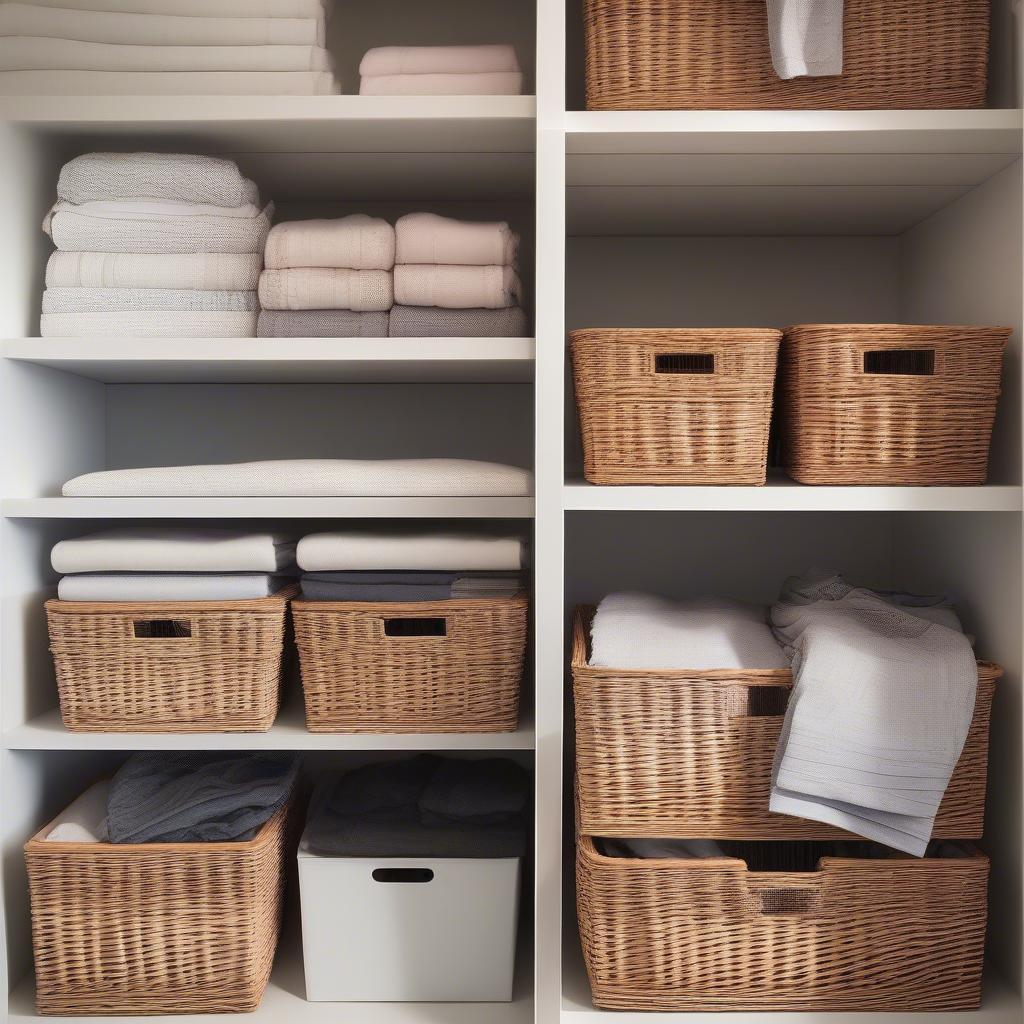 Stacked Wicker Baskets in a Closet