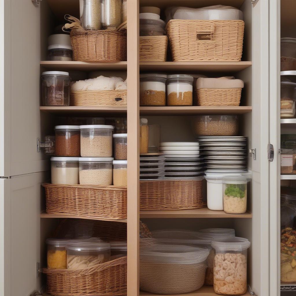 Stacked wicker baskets efficiently storing pantry items in a kitchen cabinet, demonstrating how to maximize vertical space.