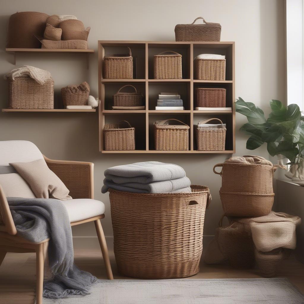 Stacking wicker storage baskets in a living room setting, showcasing their organizational and aesthetic appeal.