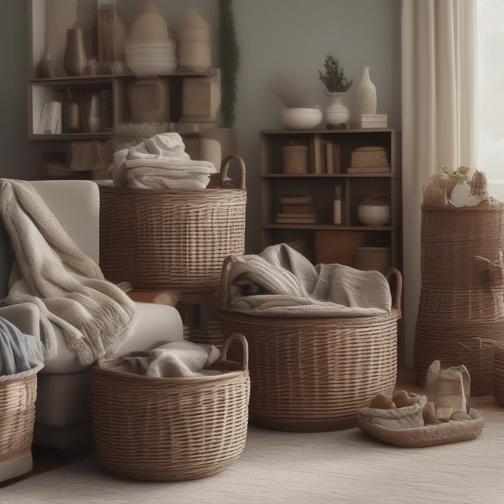 Standing wicker storage baskets in a living room setting