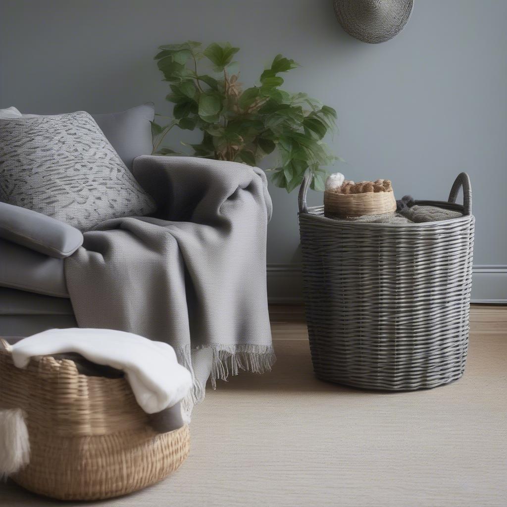 Starplast Small Grey Wicker Basket in a Living Room Setting