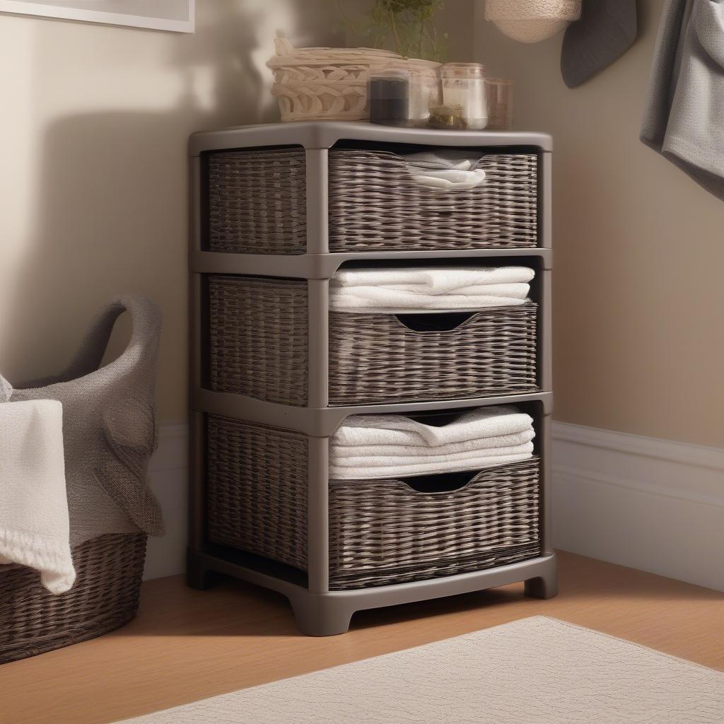 Sterilite 3 drawer wicker weave storage tower in a bedroom setting