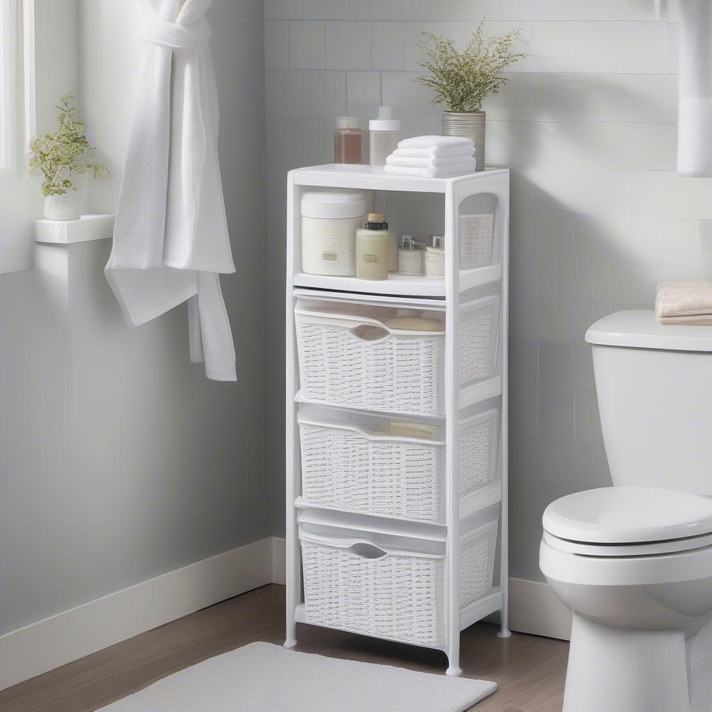 Sterilite wicker weave storage tower in a bathroom setting