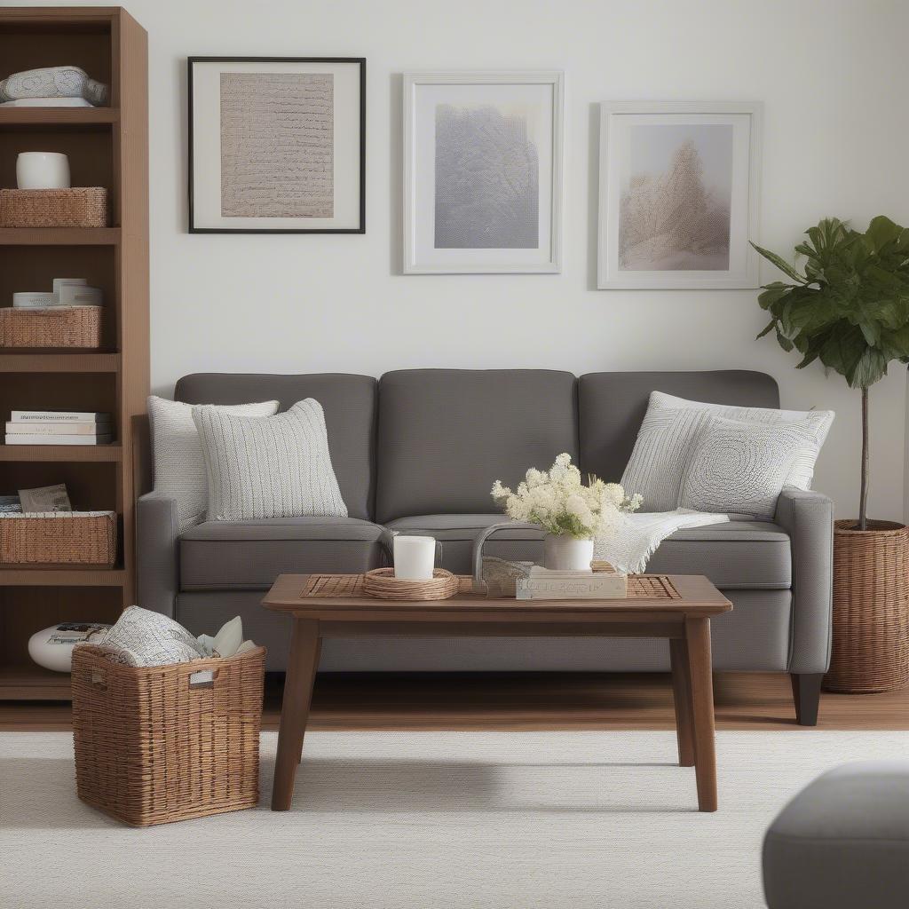 Sterilite Wicker Storage Used in a Living Room Setting