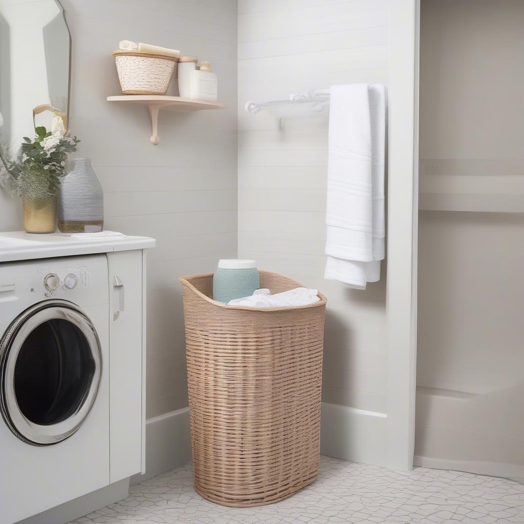 Sterilite Wicker Storage Laundry Hamper in a Bathroom