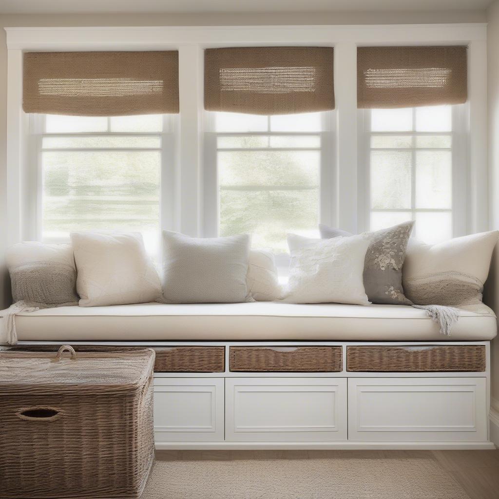 Storage Bench Seat with Wicker Baskets in a Living Room