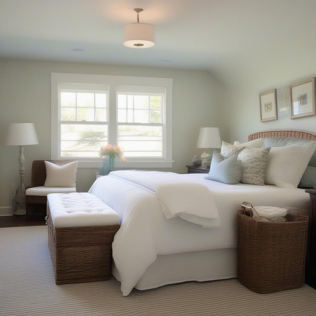 Storage Bench with Wicker Baskets in a Bedroom