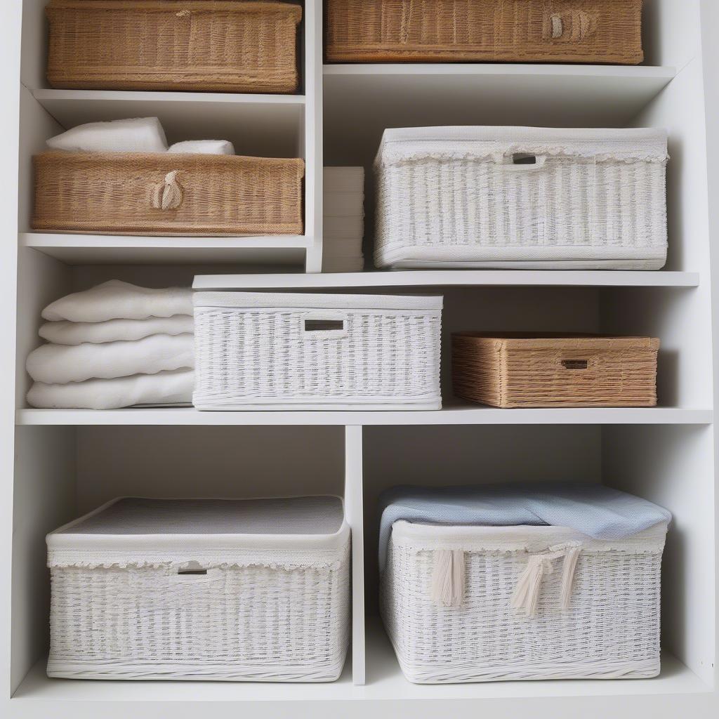 Various pretty storage boxes organized on a white wicker shelving unit.