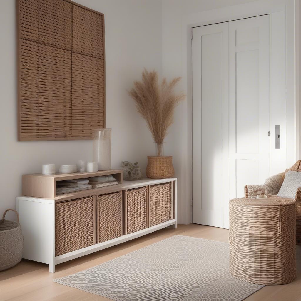 Storage doors with wicker baskets in a living room setting