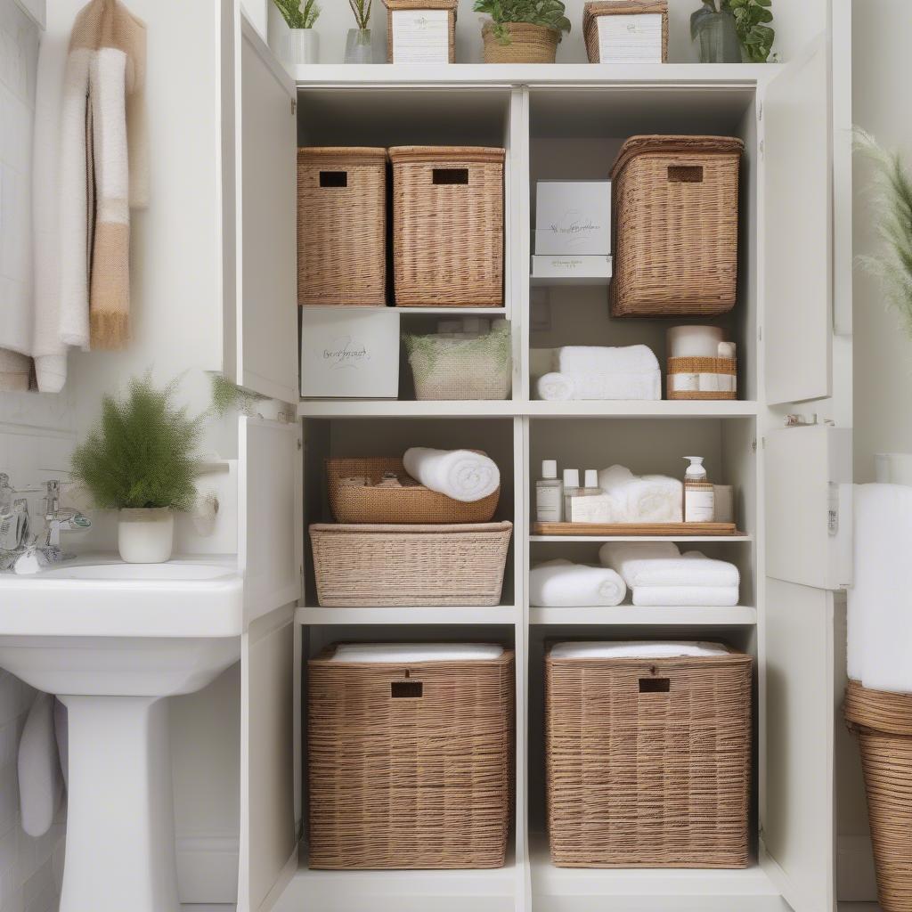 A beautifully styled bathroom cabinet with wicker baskets showcasing organized storage solutions.