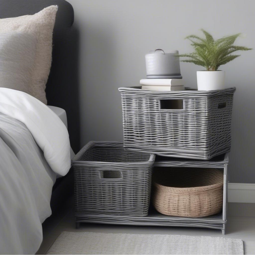 Grey wicker storage baskets under a bed, styled with a blanket draped over the edge and a small plant on top.